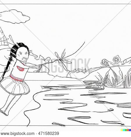A Girl Playing Near The River Collecting Flowers And Fruits Picture In A Line