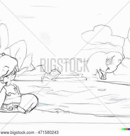 A Girl Playing Near The River Collecting Flowers And Fruits Picture In A Line