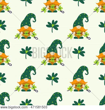 A Cute Gnome Holds A Garland Of Clover Leaves In His Hands. Seamless Vector Pattern For St. Patrick'