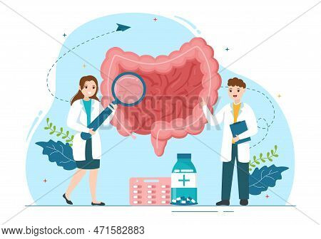 Proctologist Or Colonoscopy Illustration With A Doctor Examines Of The Colon And Harmful Bacteria In