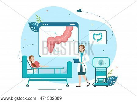 Proctologist Or Colonoscopy Illustration With A Doctor Examines Of The Colon And Harmful Bacteria In