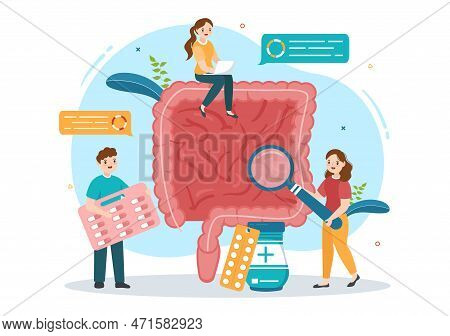 Proctologist Or Colonoscopy Illustration With A Doctor Examines Of The Colon And Harmful Bacteria In