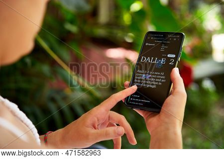 February 5, 2023, Mirissa, Sri Lanka. Using Openai Dall-e On Phone. Woman Testing Artificial Intelli