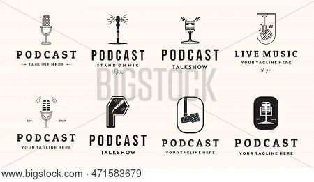 Set Of Podcast Mic Logo Line Art Vintage Vector Illustration Concept Template Icon Design, Collectio