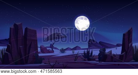 Wild Arizona Night Desert Landscape With Rock And Full Moon Cartoon Vector Background. Dark American