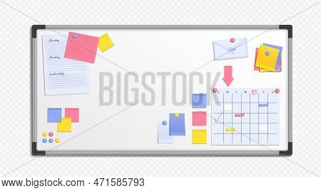 Realistic Whiteboard For Memo Notes And Planner Isolated In Vector. Schedule On Wall For Organize Wo