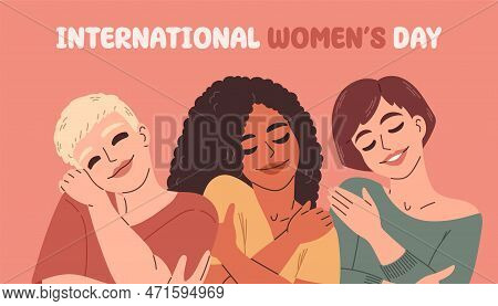International Womens Day. Vector Illustration Of Happy Smiling Diverse Women Standing Together. Isol