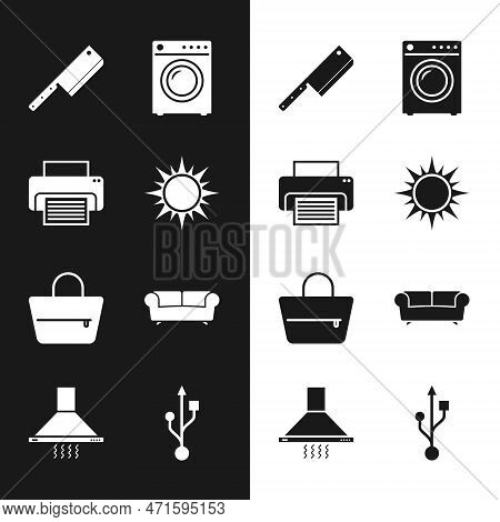 Set Sun, Printer, Meat Chopper, Washer, Handbag And Sofa Icon. Vector