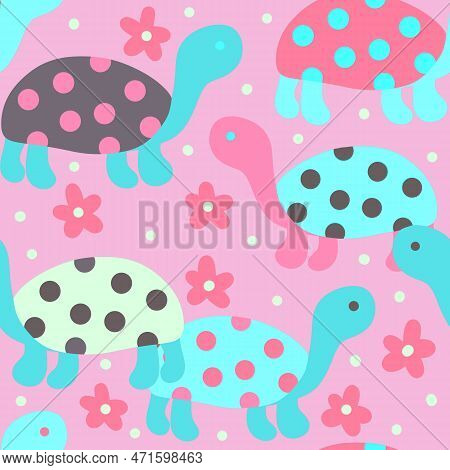 Hand Drawn Seamless Pattern With Cute Sea Turtle Tortoise, Pink Blue Flowers, Print For Kids Childre