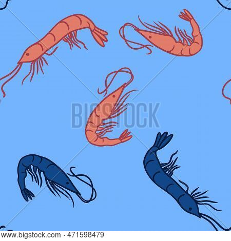 Hand Drawn Seamless Pattern Of Peach Orange And Blue Shrimps Prawns On Turquoise Background. Marine 