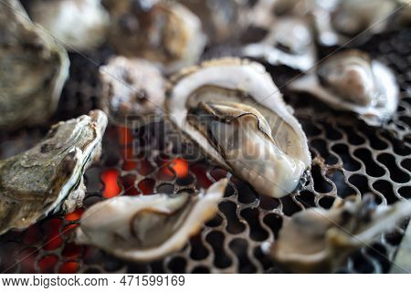 Grilled Fresh Oyster In Taiwan, Famous Street Food.