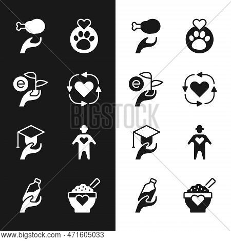 Set Volunteer, Leaf In Hand, Donation Food, Heart With Animals Footprint, Education Grant, And Water