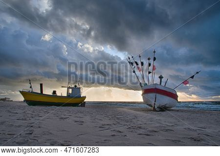 Fishing Boat On The Beach Of The Polish Baltic Coast Near Rewal