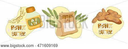 Set Of Peanut Butter Elements. Peanut Nuts, Jar Of Peanut Butter. T-shirt Print Design