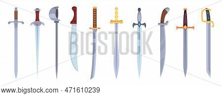 Swords. Fantasy Cartoon Stylized Stabbing And Cutting Weapons For Game Design Projects Exact Vector 