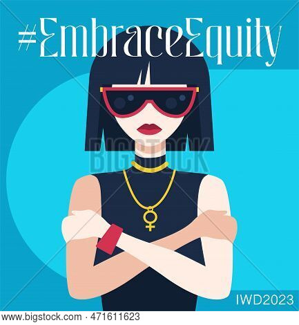 International Women's Day Banner With A Woman Character Hugging Herself. Embrace Equity Movement Ill