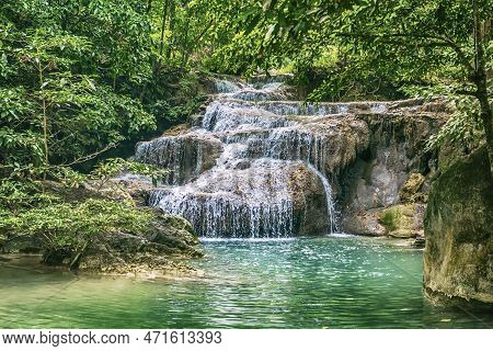 Forest And Waterfall At Ton Nga Chang Waterfall, Erawan, Songkhla, Thailand. Tourustic Attraction An