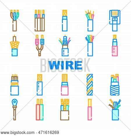Wire Cable Cord Icons Set Vector. Electrical Technology, Electric Connection, Network Energy, Power 