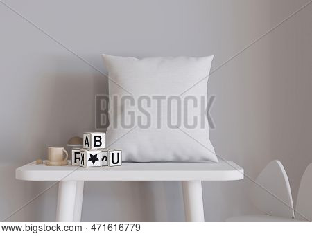 White Square Pillow In Kids Room. Blank Cushion Case Template For Your Graphic Design Presentation. 