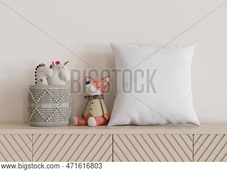 White Square Pillow In Kids Room. Blank Cushion Case Template For Your Graphic Design Presentation. 