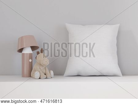 White Square Pillow In Kids Room. Blank Cushion Case Template For Your Graphic Design Presentation. 