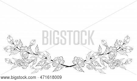 A Beautiful Blooming Branch, Richly Decorated With Flowers, Buds, And Leaves. Hand Drawing.