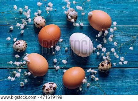 Simple Easter Eggs, Quial Eggs With Gypsophila Flowers On Rustic Blue Wooden Background. Festive, Fa