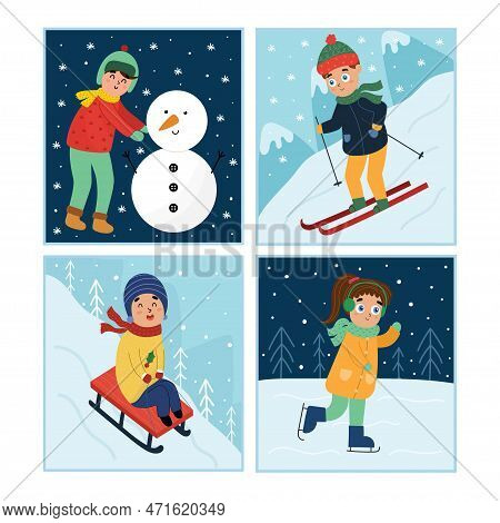 Winter Activities Set With Cute Kids Making Snowman, Skiing, Sliding On A Sled And Ice Skating