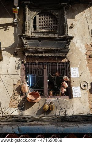 Kathmandu, Nepal, 04 23 2022: A Window With Pottery In Kathmandu