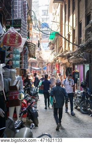 Kathmandu, Nepal, 04 23 2022: Hustling And Bustling In Kathmandu Bazaar