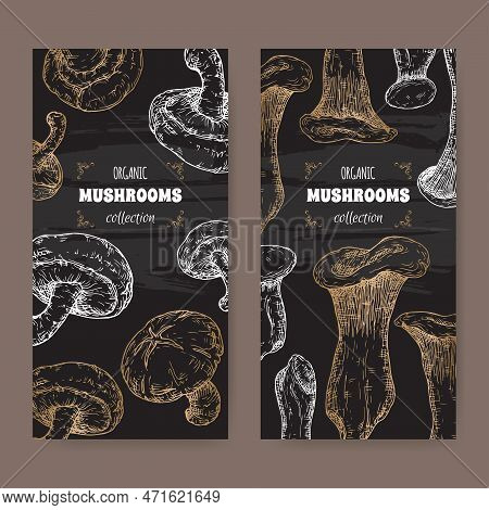 Two Labels With Lentinula Edodes Aka Shiitake And Pleurotus Eryngii Aka King Oyster Mushroom Sketch 