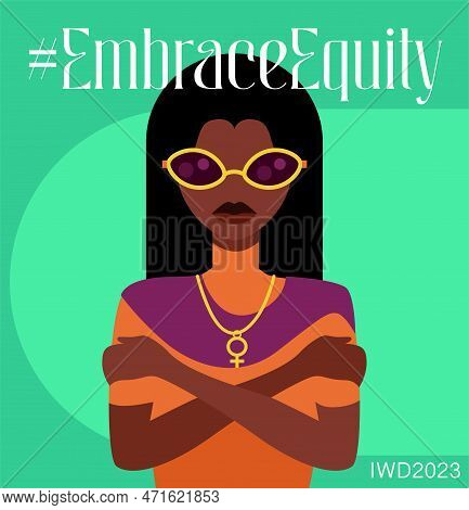 International Women's Day Banner With A Woman Character Hugging Herself. Embrace Equity Movement Ill