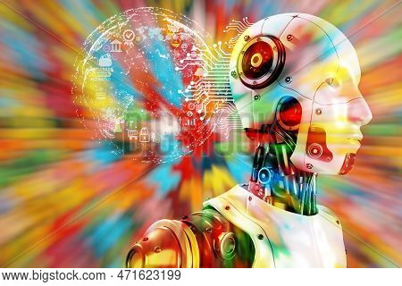 3d Robotic With Workflow World Wild On Multi Color  Metaverse Abstract Pattern Bckground, Technology