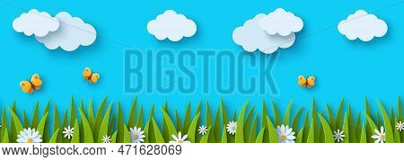 Beautiful Fluffy Clouds On Blue Sky Background, Summer Sun, Butterfly, Green Grass Lawn. Seamless Pa