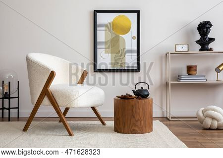 Interior Design Of Harmonized Living Room With Mock Up Poster, White Armchair, Lamp, Consola And Per