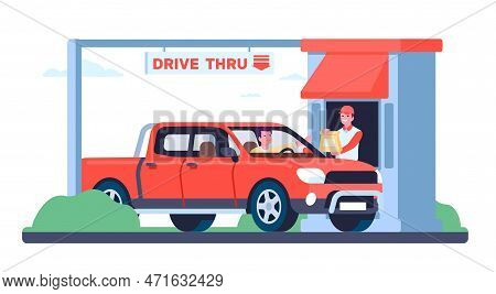 Drive Thru Fast Food Restaurant. Employee Selling Snacks To Client In Car. Worker Serving Customer O