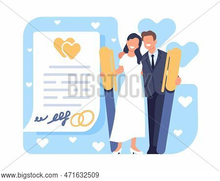 Happy Couple Got Married And Signed Prenuptial Agreement Or Prenup. Document Page With Signatures. M