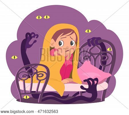 Kids Fear. Children Nightmares. Scared Baby In Bed. Night Phobia. Frightened Girl Afraids Boogeyman 