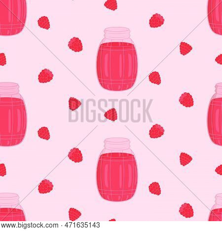 Seamless Pattern With Raspberries And Jam Jar. Vector Pattern In Flat.