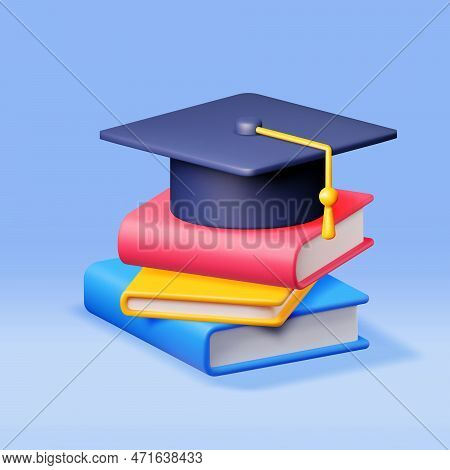 3d Graduation Cap And Stack Of Books Isolated. Render Graduation Hat And Textbook. Education Symbol.
