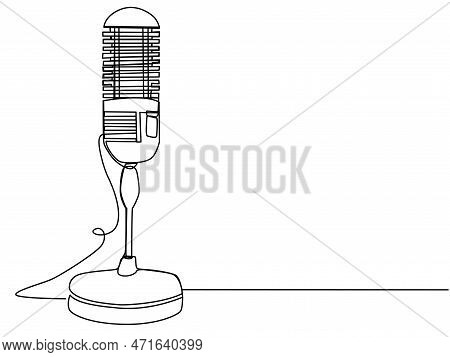 Round Studio Microphone In One Line On A White Background. The Concept Of Audio Podcast, Stream, Stu