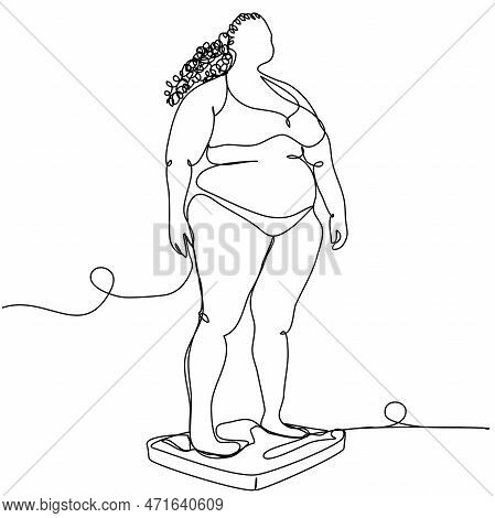 An Overweight Woman Stands On The Scales In One Line On A White Background. Conceptual Image Of Figh
