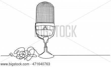 Round Studio Microphone In One Line On A White Background. The Concept Of Audio Podcast, Stream, Stu