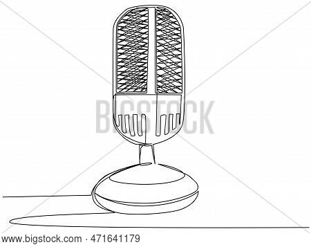 Round Studio Microphone In One Line On A White Background. The Concept Of Audio Podcast, Stream, Stu