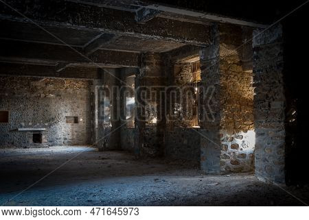 Empty Abandoned Creepy Deserted Room With Bright Sun Lights Entering The Windows