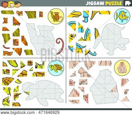 Cartoon Illustration Of Educational Jigsaw Puzzle Games Set With Funny Animal Characters