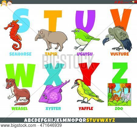 Cartoon Illustration Of Educational Colorful Alphabet Set From Letter S To Z With Funny Animal Chara