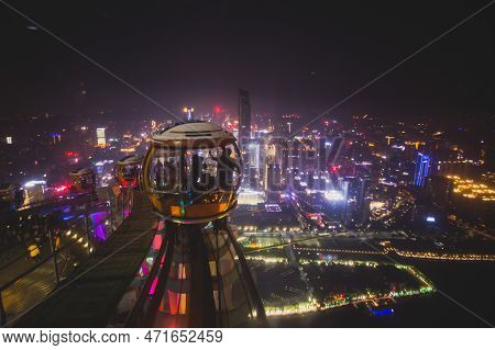 Beautiful Wide-angle Night Aerial View Of Guangzhou Zhujiang New Town Financial District, Guangdong,