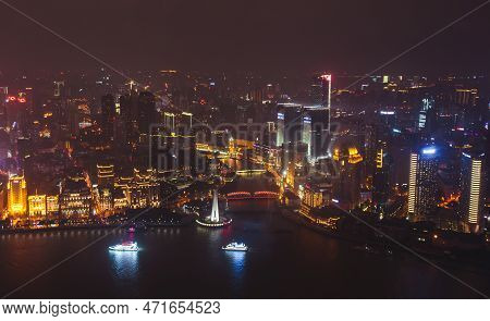 Beautiful Super Wide-angle Night Aerial View Of Shanghai, China With Waitan, The Bund And Scenery Be