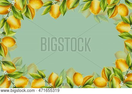 Watercolor Frame With Fresh Ripe Lemon With Bright Green Leaves And Flowers. Hand Drawn Cut Citrus S